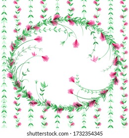 Delicate floral frame. Climbing plants make room for text. Tropical pink flowers, green leaves and butterflies. Holiday card template. Beautiful border with magical flowers. Deciduous wreath. Vector