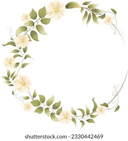 Delicate floral frame illustration in vector. Invitation design with leaves, white flowers, geometric frame. Greenery Vector illustration.