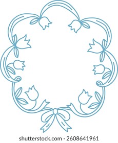 A delicate floral frame with tulip motifs and a ribbon in a minimalist line art style. Curved lines form a symmetrical border featuring blooming flowers and leaves. Cartoon vector illustration.