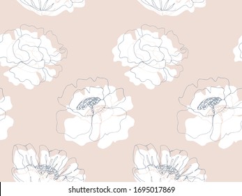 Delicada jardinería floral sin fisuras con flores en flor, textura sin fin femenina primaveral, boceto de tinta artística. Ilustración vectorial para invitaciones a bodas, papel pintado, textil, papel envolvente