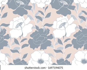 Delicada jardinería floral sin fisuras con flores en flor, textura sin fin femenina primaveral, boceto de tinta artística. Ilustración vectorial para invitaciones a bodas, papel pintado, textil, papel envolvente