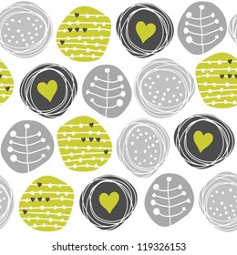 delicate floral gray green retro pattern with hearts on circles on white background