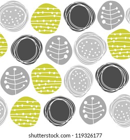 delicate floral gray green retro pattern with patterned circles on white background