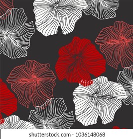 Delicate floral grunge background pattern with silhouettes of rose flowers in red and white on black