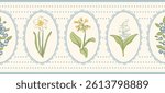 Delicate floral horizontal vector seamless border pattern with daffodil, primrose, lily of the valley, forget-me-not in cameo frames. Vintage spring garden cottagecore print
