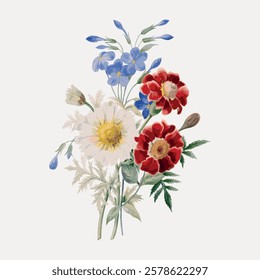 A delicate floral illustration featuring blue, red, and white flowers with green leaves. The flowers are arranged in a bouquet, showcasing nature's beauty. Vintage flower illustration, vector.