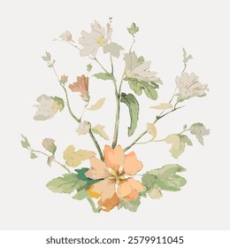 Delicate floral illustration with pastel flowers and green leaves. Elegant flowers and leaves create a soft, artistic floral design. Botanical and floral theme. Vintage flower illustration, vector.