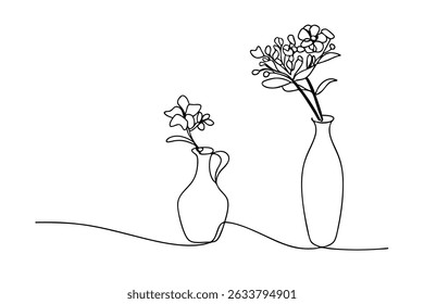 Delicate floral illustration with two vases in modern one line art minimalist style