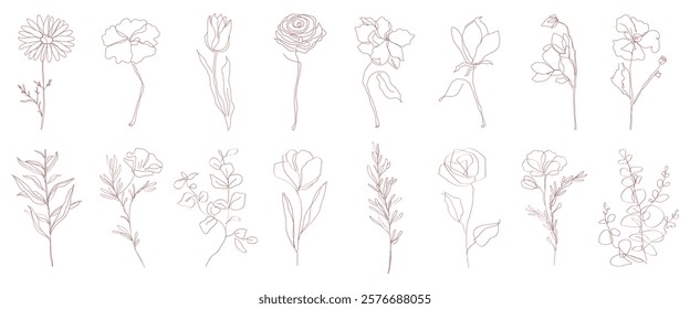 Delicate floral line art with various flowers. Minimalist floral design showcasing elegant line art. Perfect for floral-themed art projects. Doodle illustrations, vector set.