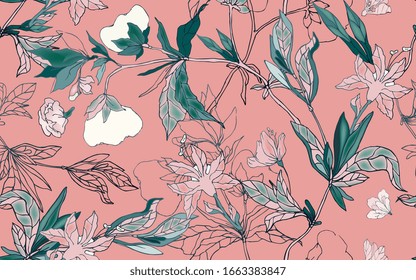 Delicate floral ornament of branches, leaves and inflorescences on a pink background. Seamless pattern. Vector hand-drawn illustration.
