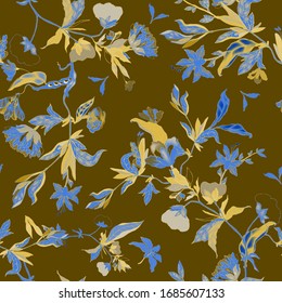 Delicate floral ornament of branches, leaves and inflorescences on a sage, moss green background. Seamless pattern. Vector hand-drawn illustration.
