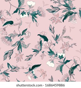 Delicate floral ornament of branches, leaves and inflorescences on a pink background. Seamless pattern. Vector hand-drawn illustration.
