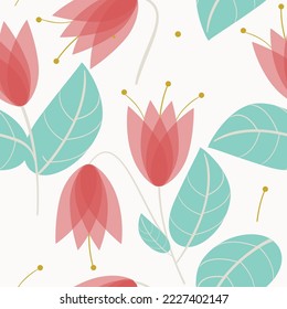 Delicate floral ornament - red tulips with turquoise leaves and stamens, seamless pattern. For textiles, wrapping paper