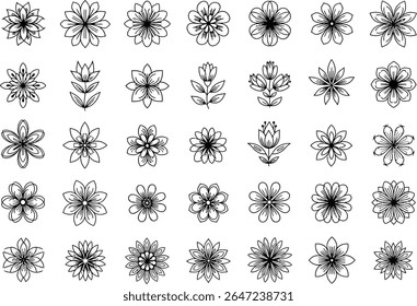 Delicate Floral Outlines A Charming Array of Botanical Illustrations Featuring Assorted Flower and Stem Designs in a Simple Yet Elegant Style