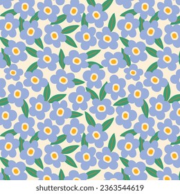 Delicate Floral Pattern with Blue Flowers and Greenery. Vintage folk floral background. Seamless vector pattern for design and fashion prints. Use for for textile, wallpaper, covers.