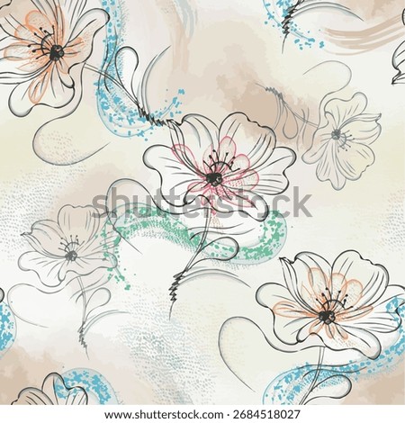 Delicate floral pattern with blue and pink line art flowers on cream background