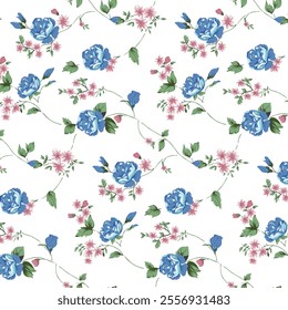 Delicate Floral Pattern with Blue Roses and Pink Blossoms