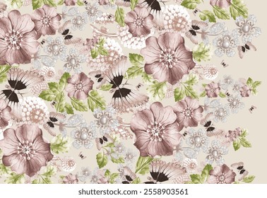 Delicate Floral Pattern with Butterflies and Jewels