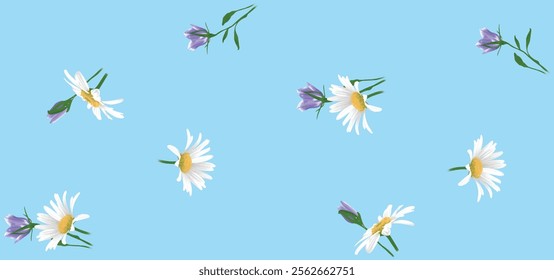 Delicate Floral Pattern of Daisies and Bellflowers on a Light Blue Background