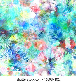 Delicate floral pattern for fabrics and bed linen. Blue, white, pink, green, yellow spots, stylized leaves and flowers. Seamless vector pattern.