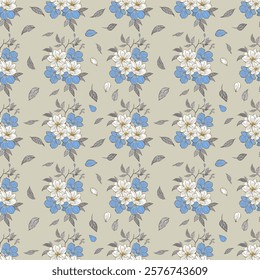 A delicate floral pattern featuring blue and white flowers with green leaves on a soft beige background, creating a charming, vintage-inspired aesthetic.