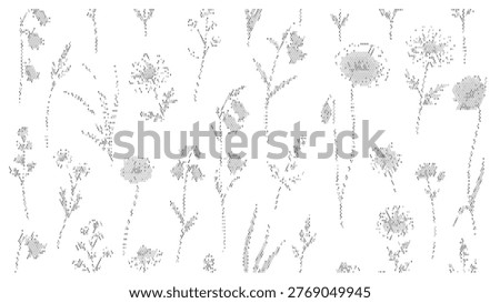 A delicate floral pattern featuring multiple flowers and stems rendered in a dotted style, set against a clean white background, ideal for design and decoration