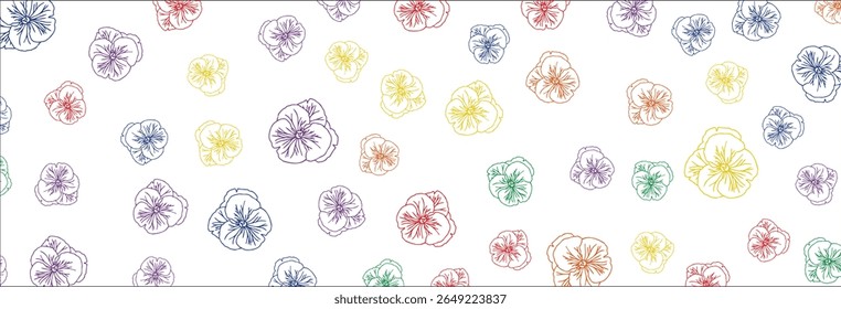 Padrão floral delicado com pansias de cor pastel com contornos intrincados, criando um design alegre e vibrante em um fundo branco limpo que evoca uma sensação de frescor primavera