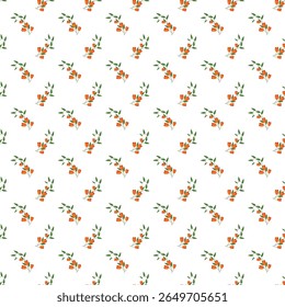 Delicate floral pattern featuring small orange tulips and green leaves, beautifully arranged on a seamless white background. Ideal for textile designs, decorative prints, and stylish backgrounds.