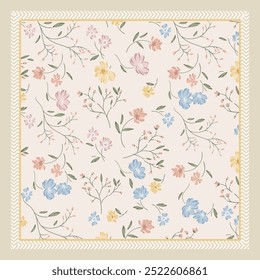 Padrão floral delicado com flores pastel macias em azul, rosa e amarelo, entrelaçadas com hastes e folhas verdes elegantes. Um design encantador e vintage-inspirado perfeito para tecido ou papel de parede