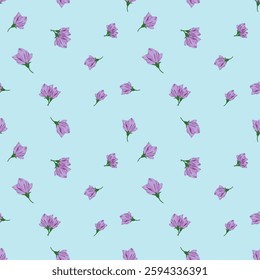 Delicate floral pattern featuring soft lavender blooms scattered across a mint background. Each stylized flower is rendered with graceful, flowing petals and a vibrant green stem.