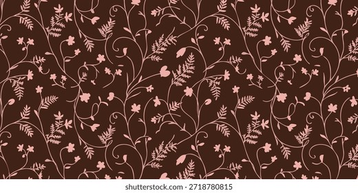 Un delicado patrón floral con vides y hojas sobre un fondo marrón