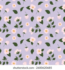 Delicate floral pattern featuring white flowers and green leaves on a soft lavender background