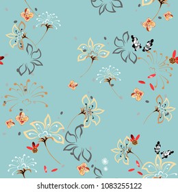 Delicate floral pattern with field plants. Botanical motifs scattered randomly on a turquoise background. Seamless vector for fashion prints, textiles, wallpapers, tiles, wrapping paper