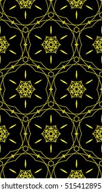 delicate floral pattern of geometric ornament. Seamless vector illustration. for interior design, printing, wallpaper. yellow on black