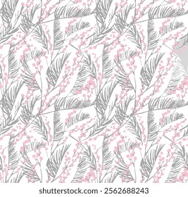 Delicate Floral Pattern with Grey Branches and Pink Berries