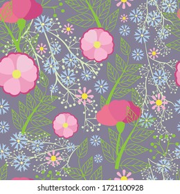 Delicate floral pattern on a purple background with the image of pink and blue flowers, branches and grass.