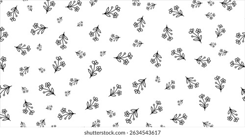 Delicate Floral Pattern on White: An Artistic and Minimalist Design Featuring Small Black Flowers and Leaves for Textiles, Backgrounds, and Elegant Stationery Design