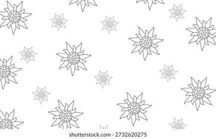 Delicate floral pattern with outlined edelweiss flowers on a white background. Simple and clean design. Could represent precision, attention to detail, or a connection to nature. Suitable for projects needing a subtle, understated, or technical illustration style.