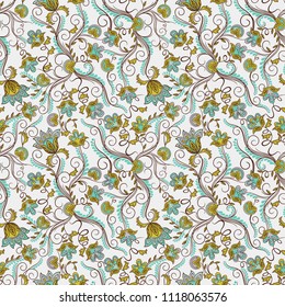 Delicate floral pattern in pastel blue and green tones on the muted background, seamless vector as a fabric texture