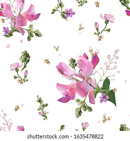 Delicate floral pattern with pink field plants. Seamless vector with flowers scattered randomly on a white background. For textiles, bedding, fabrics, wallpapers, tiles.