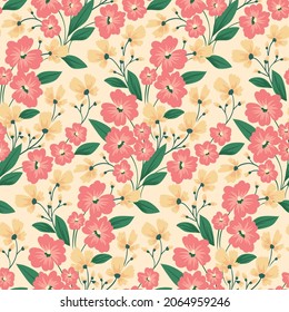 Delicate floral pattern with pink flowers. Seamless pattern with a flowering meadow. Cute vector background with small flowers.