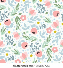 Delicate floral pattern with pink flowers in vector. Cartoon style. Floral background for fashion prints. Spring summer background.