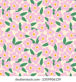 Delicate Floral Pattern with Pink Flowers and Greenery. Vintage folk floral background. Seamless vector pattern for design and fashion prints. Use for for textile, wallpaper, covers.