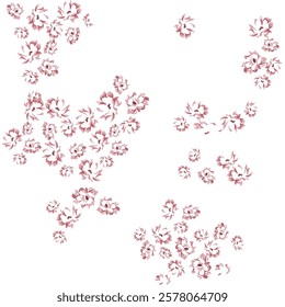 A delicate floral pattern with pink flowers scattered on a white background.
