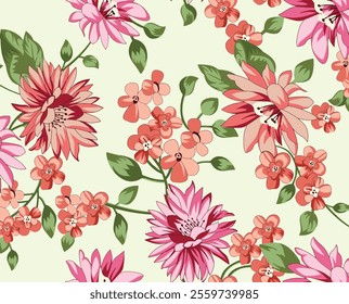 Delicate Floral Pattern with Pink and Peach Flowers on a Light Cream Background