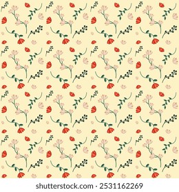 Delicado patrón floral con flores rojas y beige sobre fondo amarillo claro. Ilustración vectorial.