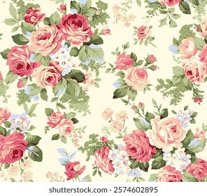 Delicate Floral Pattern of Roses on a Cream Background