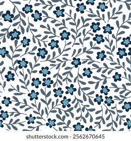 Delicate Floral Pattern in Shades of Blue and Gray on White Background