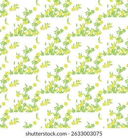 Delicate floral pattern with small green leaves and yellow blossoms on white seamless background