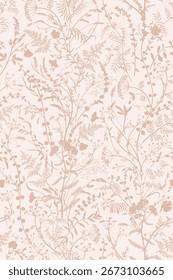 Delicado patrón floral con flores silvestres de color beige suave y follaje sobre un fondo claro. Diseño botánico elegante y sin fisuras. 